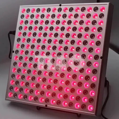 Pictured is a TLA 45w red and infrared LED light therapy panel featuring 225 LEDs and an Australian plug from an angled view switched on It's Slim compact size makes it extremely popular for home use.